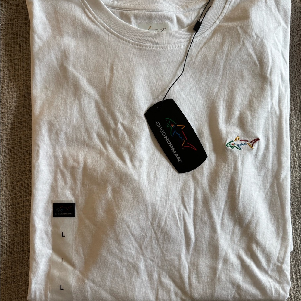 Greg Norman Collection White Short-Sleeve Crewneck with Multicolor Shark Logo